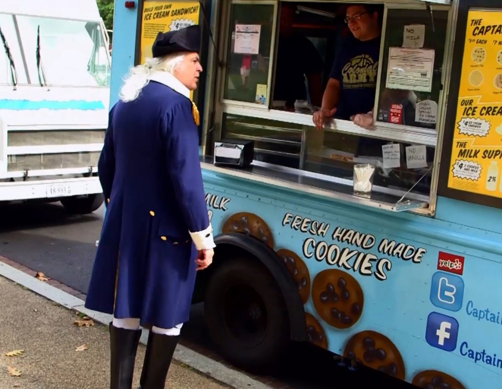 General George Washington checks out the offerings at the food trucks parked near the White House.