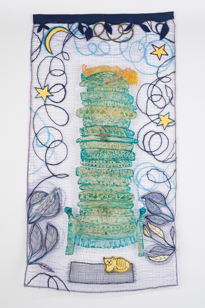 Allegra Marquart, "The Princess and the Pea", 2015, Cast glass shapes wall mounted over a sewn panel, 14"x 28"