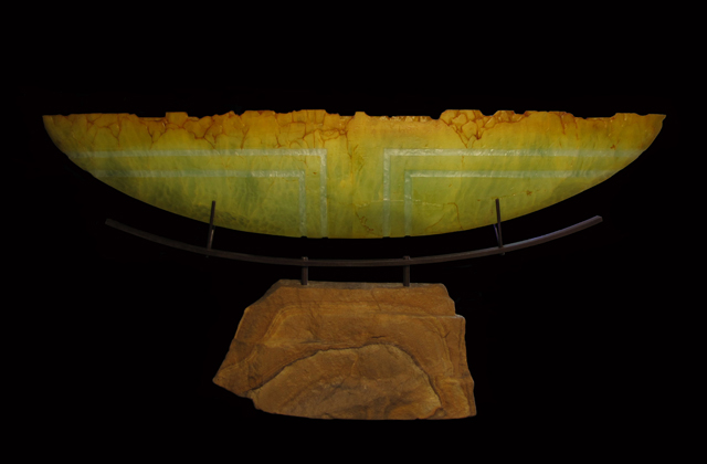 Syl Mathis; "Mesa"; 24"w x 10"h x 4"d; cast and carved tempered plate glass; oxidized steel; local cut rock base