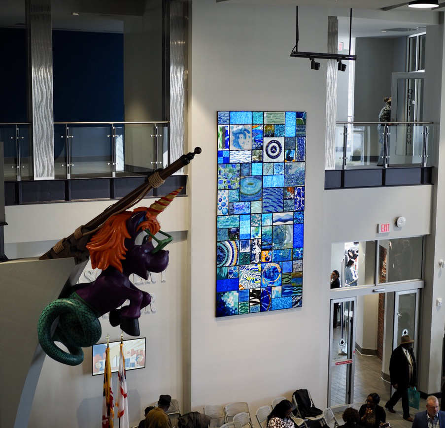 recycled glass, sustainable design for public art in Maryland Bladensburg Library